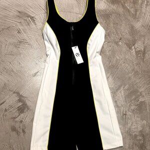 Gigi C Womens Lacey Sporty Black & White Romper With Neon Highlights Size m